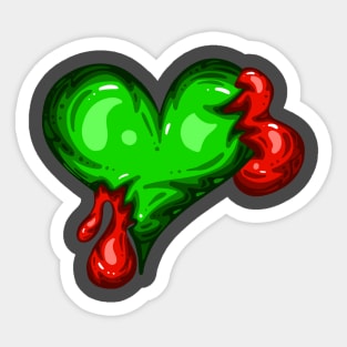 Green Dead Zombie Heart Cartoon Illustration with Blood and for Valentines Day or Halloween Sticker